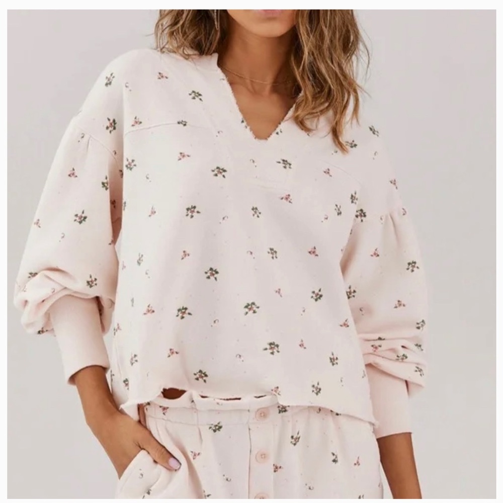 Something Navy Hazel Pink Floral Split Neck Slouchy Distressed Cotton Sweatshirt